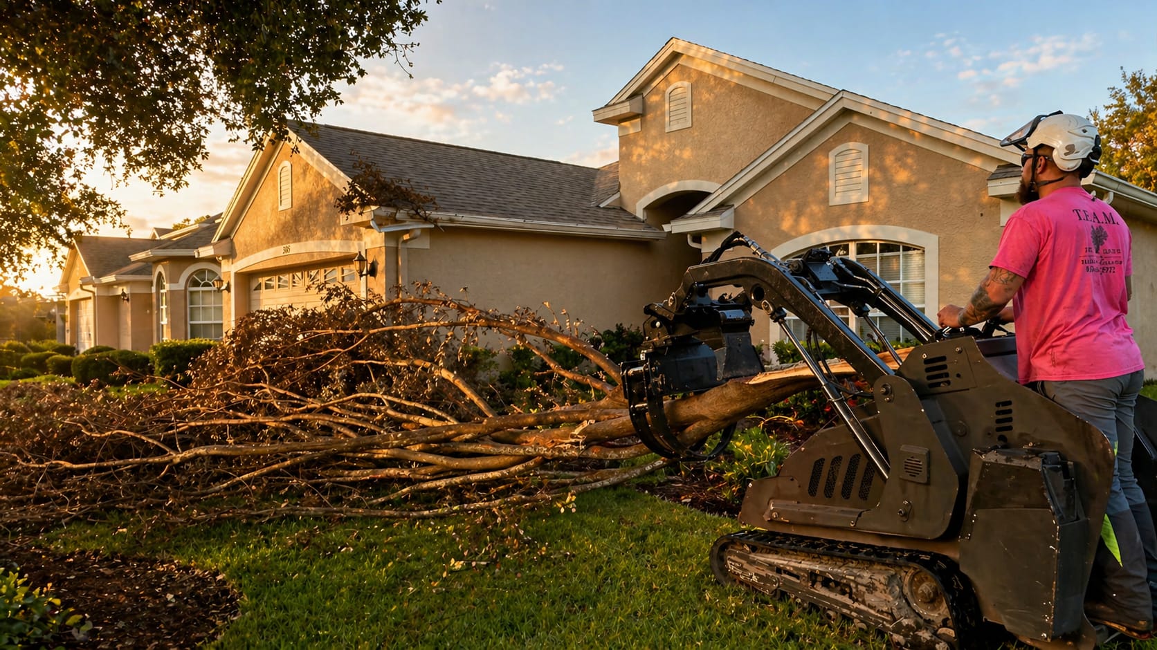 T.E.A.M. Tree Service crew member clearing storm debris at a Tampa Bay home