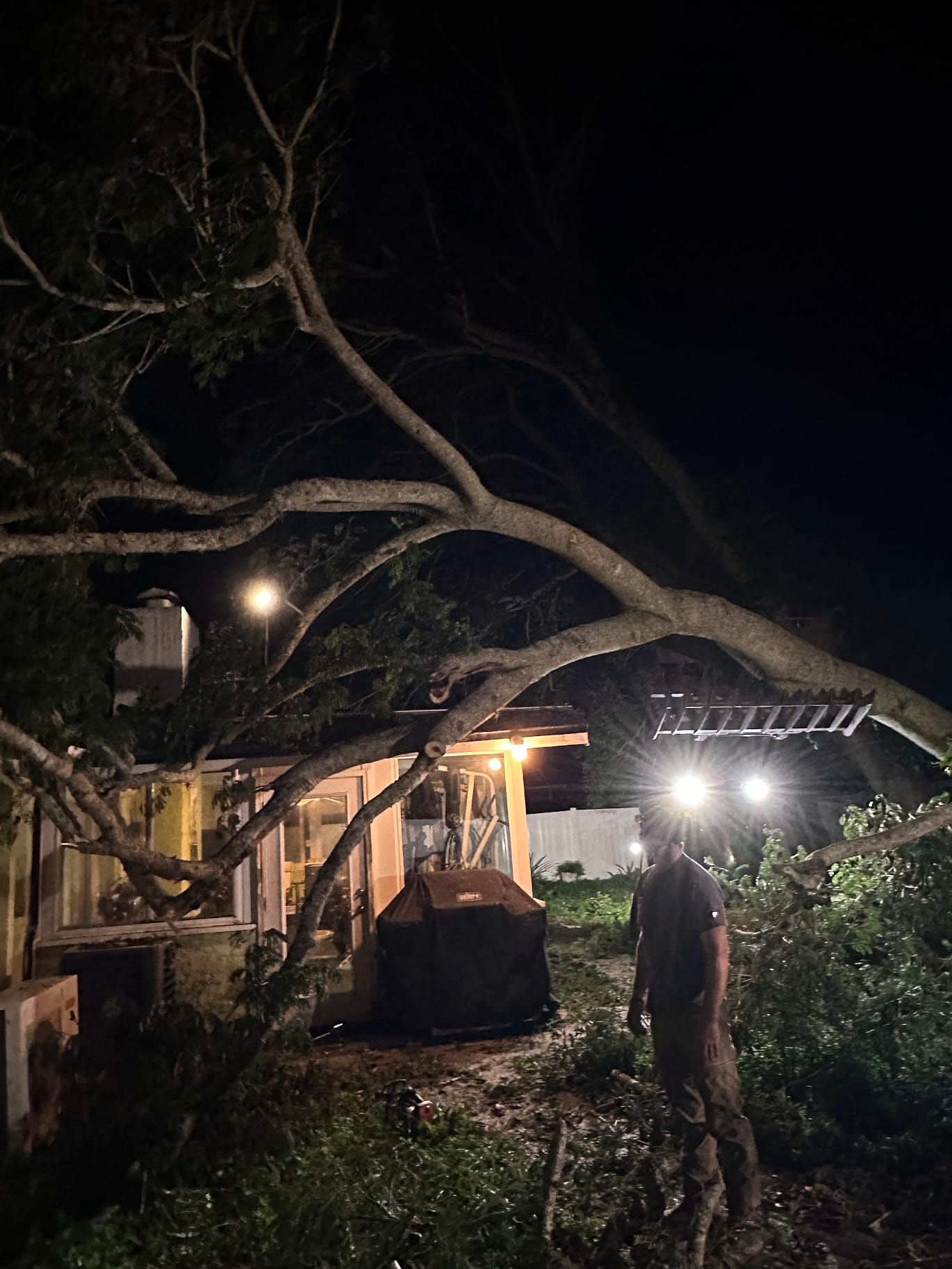T.E.A.M. crew clearing a fallen tree from a Tampa Bay home at night