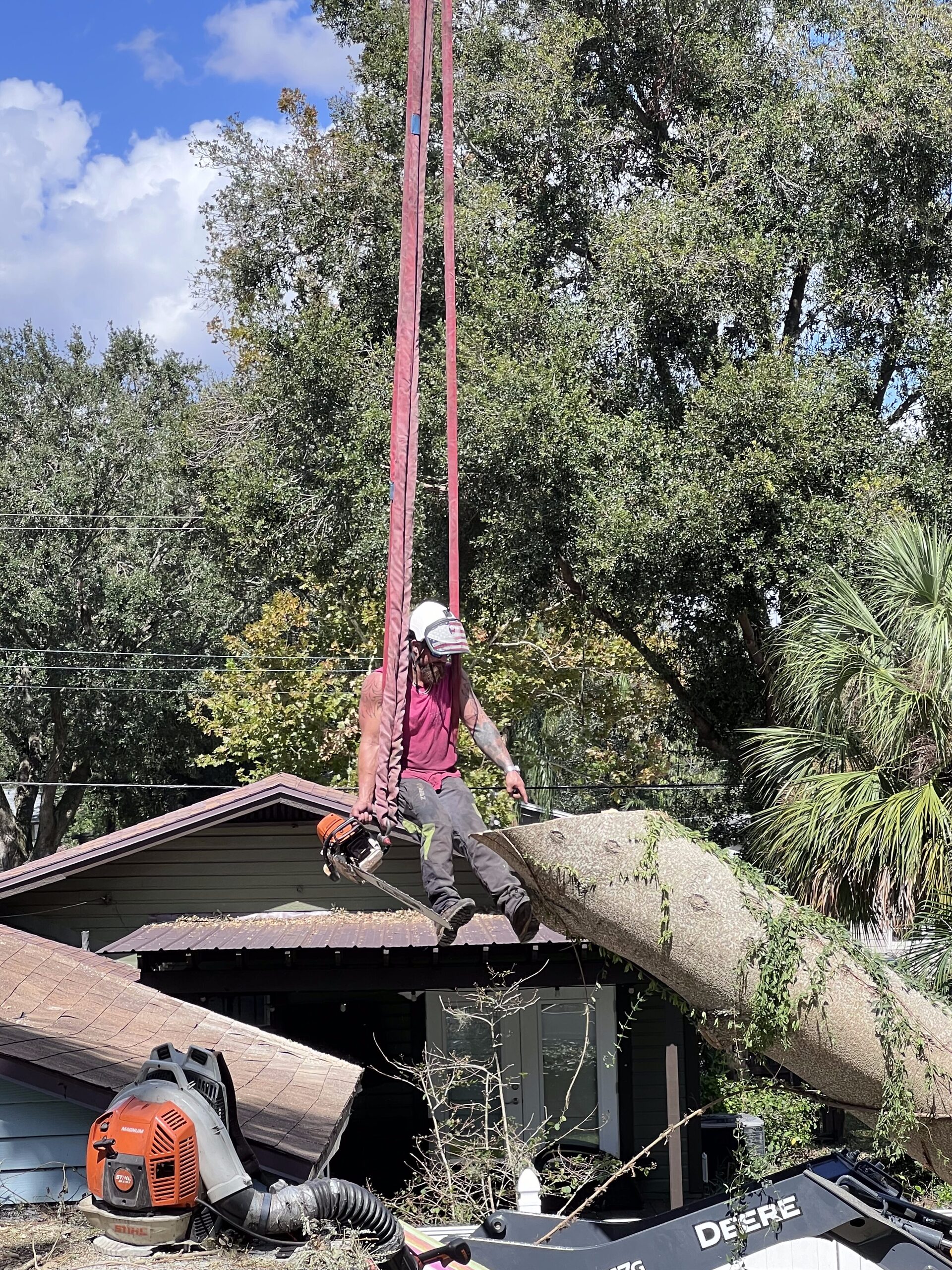 T.E.A.M. climber controlling a large cut with rigging beside a Tampa home